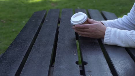 woman in picnic area enjoying takeout coffee medium shot