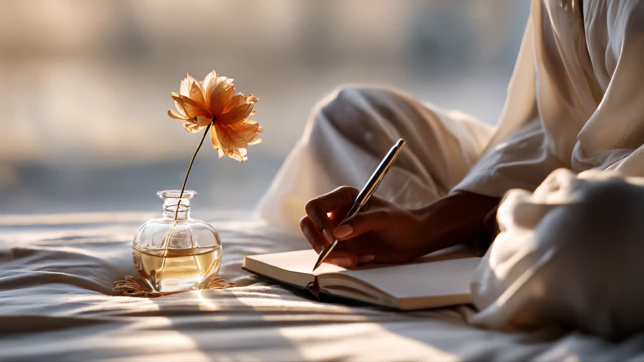 A Serene Moment of Reflection: Writing in a Journal with a Blooming Flower and a Gentle Glow Surrounding a Calm Environment