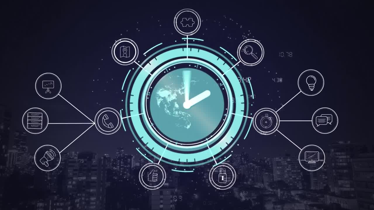 Animation of moving clock with icons over navy background