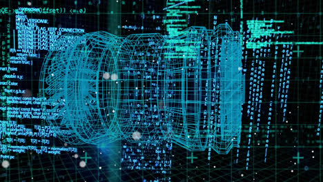 animation of data processing and binary coding over 3d engine model spinning