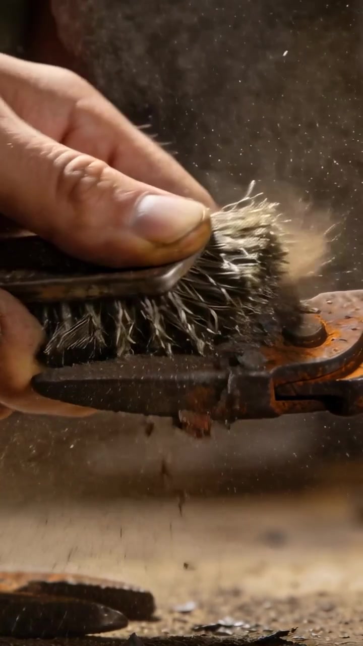 Vertikales Video: Metallarbeiterhand setzt Drahtbürste an und reinigt ein Scharnier zur Restaurierung.
