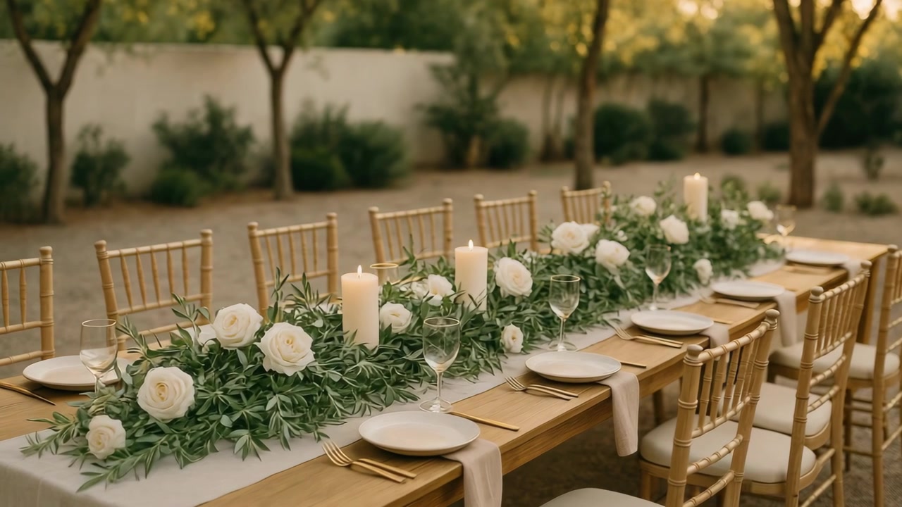 Elegant Outdoor Wedding Reception Table Setting with Floral Centerpiece