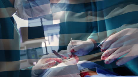 Animation-of-flag-of-greece-waving-over-surgeons-in-operating-theatre