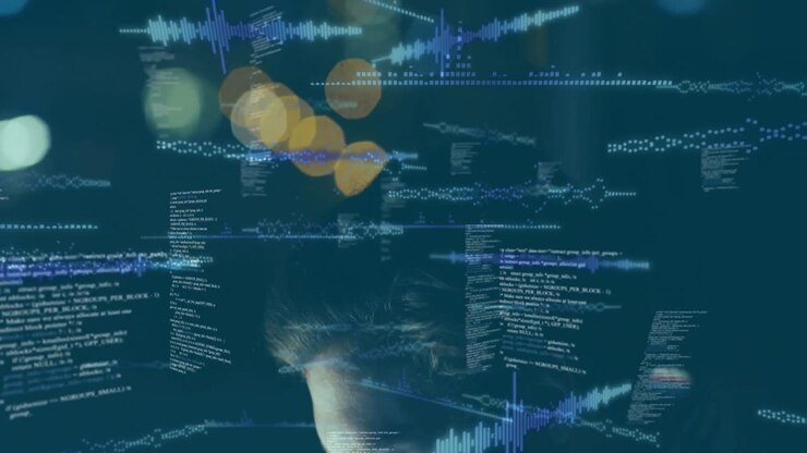 Animation of digital data processing over businessmen drinking coffee