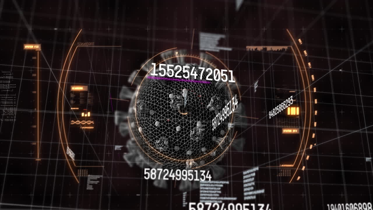 Animazione di cellule virali e numeri con elaborazione dati