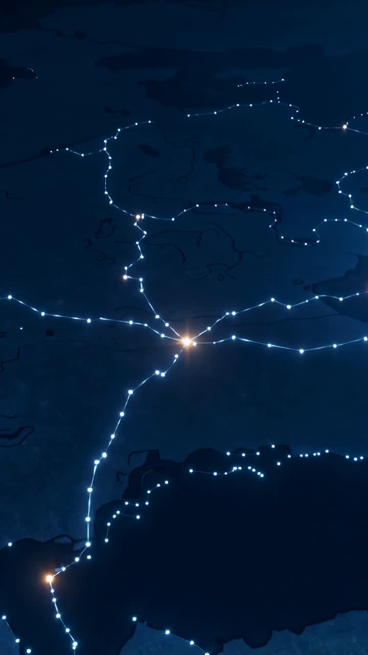 Vertical video: Initial pulses moving along glowing map toward central hub, coastal dots blinking