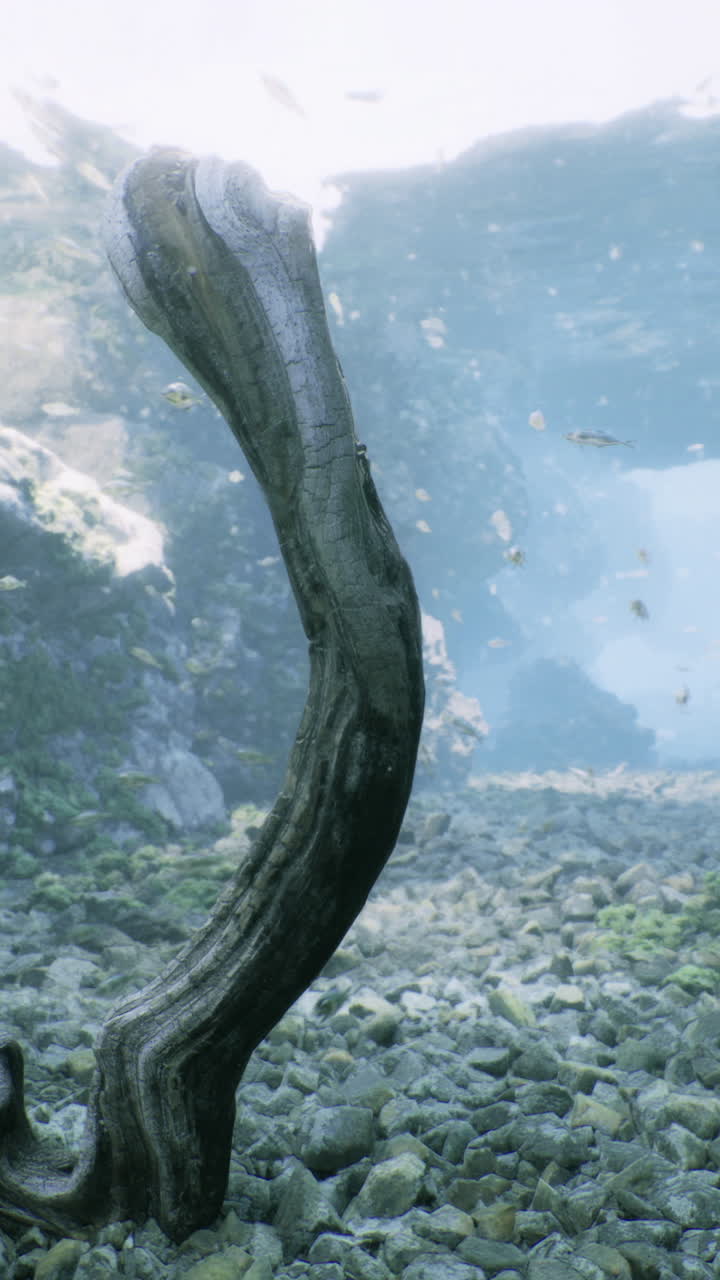 Underwater view of a serene natural landscape with rocks and drifting currents