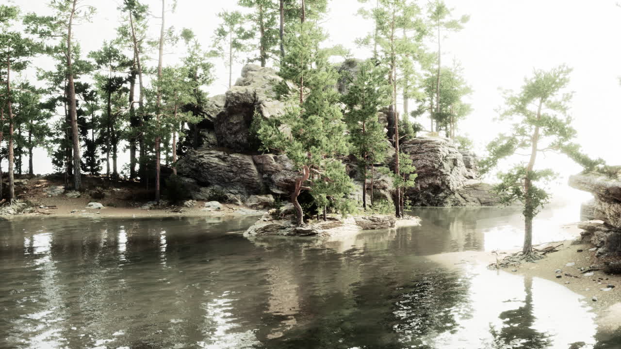lago de bosque sereno con isla