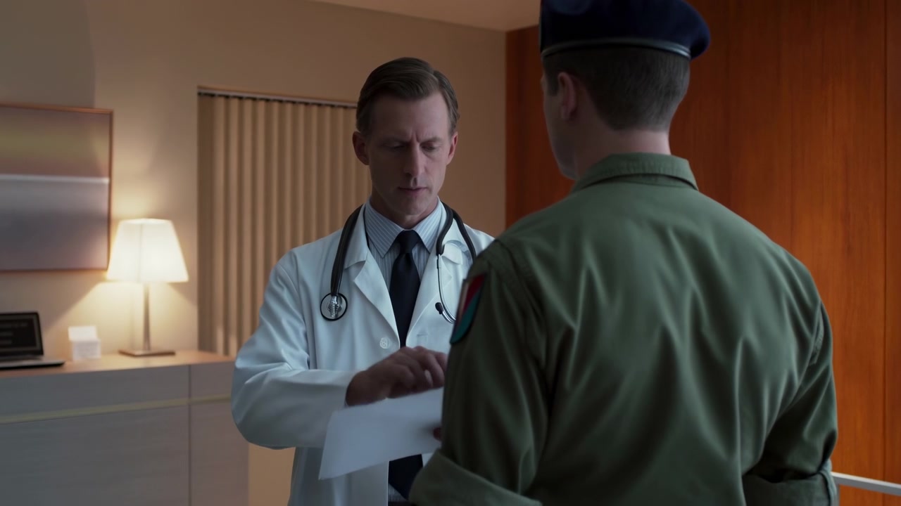 Male doctor with stethoscope reads from white document and gestures toward uniformed visitor, then looks up during discussion in warm office interior with desk lamp.