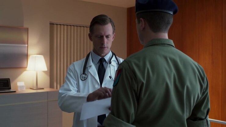 Male doctor with stethoscope reads from white document and gestures toward uniformed visitor, then looks up during discussion in warm office interior with desk lamp.
