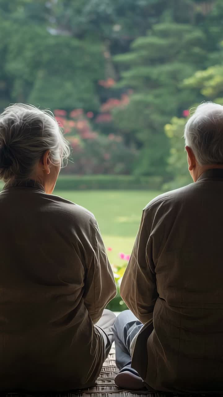 Vertical video: Camera filming senior couple sitting on porch bench, observing garden in jackets