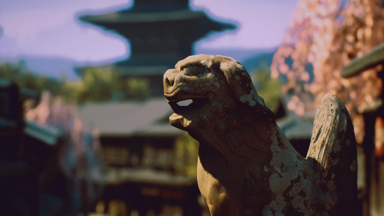 Ancient stone guardian at a tranquil temple surrounded by cherry blossoms