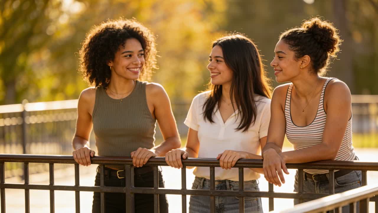 Mujer de la izquierda riendo e iniciando una conversación, tres mujeres apoyadas en una barandilla de metal con ropa informal en un parque.