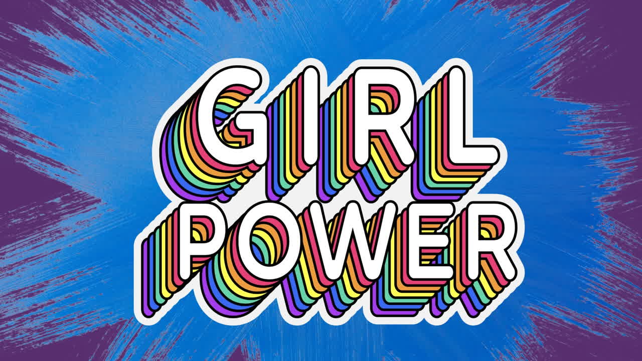 animación digital de un banner de texto de girl power contra un salpico de pintura azul sobre un fondo púrpura