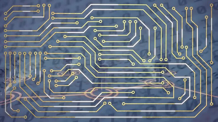 Animation of microprocessor connections and network of people icon against binary coding