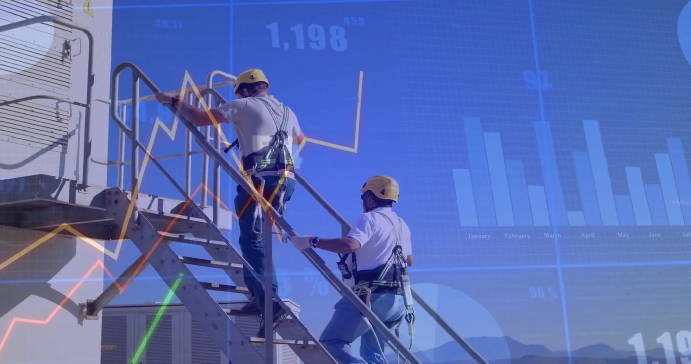 Vertical video: Field techs climbing metal stairs for inspection, graphs overlaying harness data