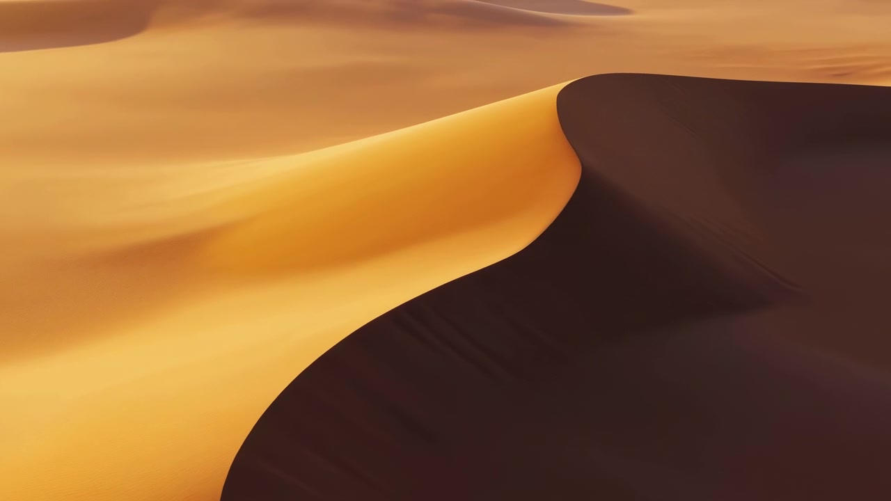 Vista obliqua ravvicinata di una cresta di duna a mezzaluna che attraversa diagonalmente il paesaggio desertico, dove la luce solare e l'ombra mutevoli rivelano una curvatura aggraziata, una texture a grana fine e uno spazio calmo ed espansivo