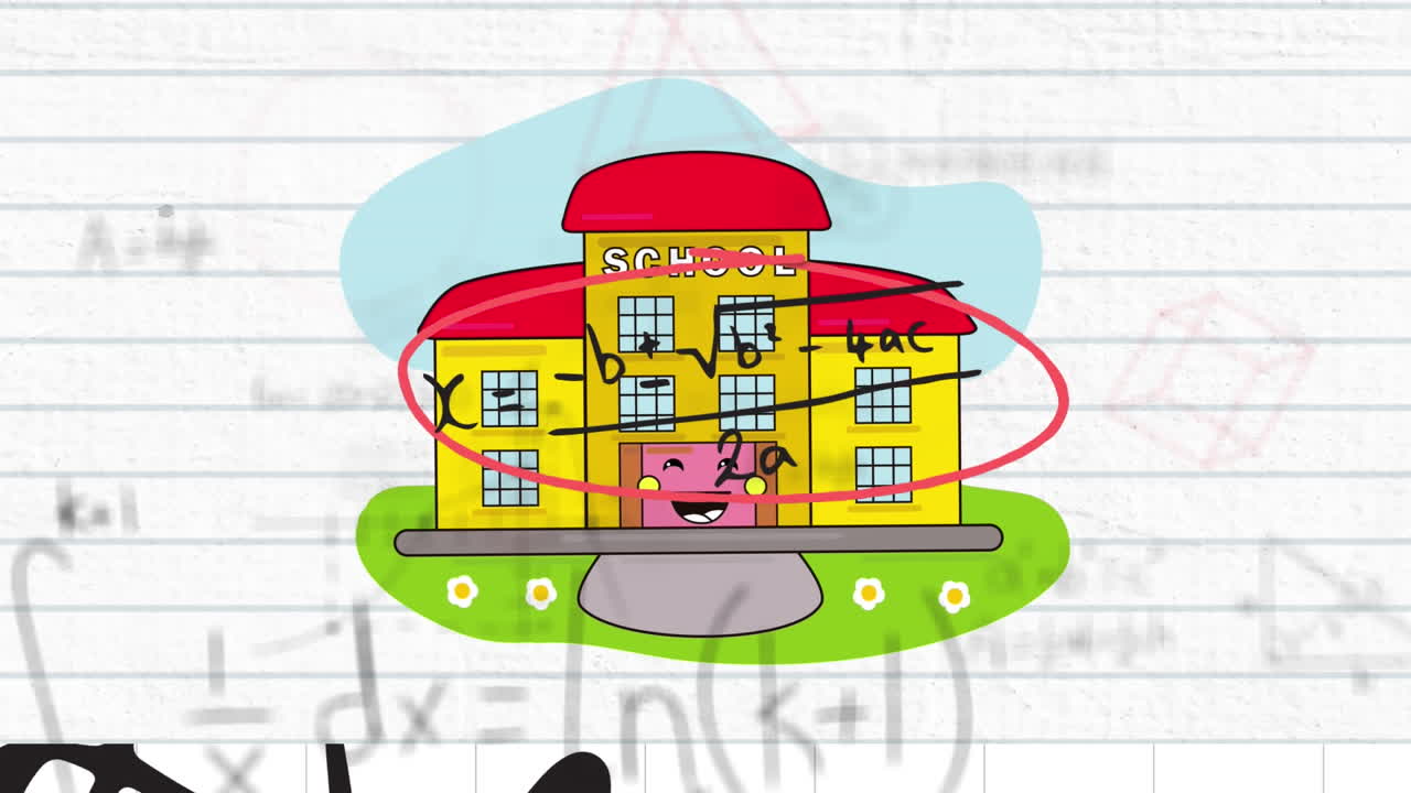 배경 에  ⁇  라인 된 종이 에 있는 학교 건물 아이콘 에 반해 떠 있는 수학적 기호 들