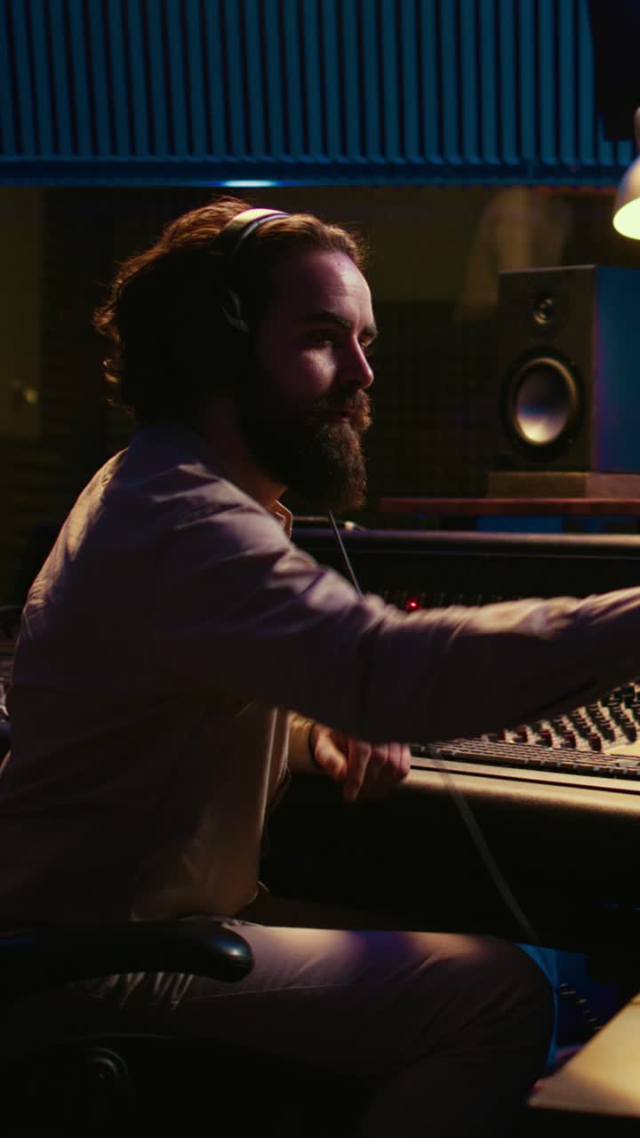 Audio Engineer Working with Mixing Console in Recording Studio