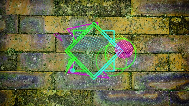 Animation of multiple colourful shapes on brick background