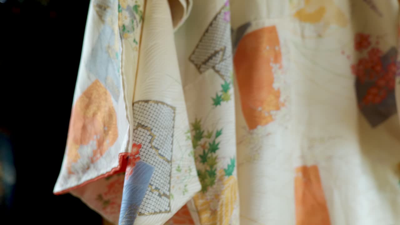 A Traditional Japanese Kimono for a Woman Hanging in an Old Traditional Japanese House