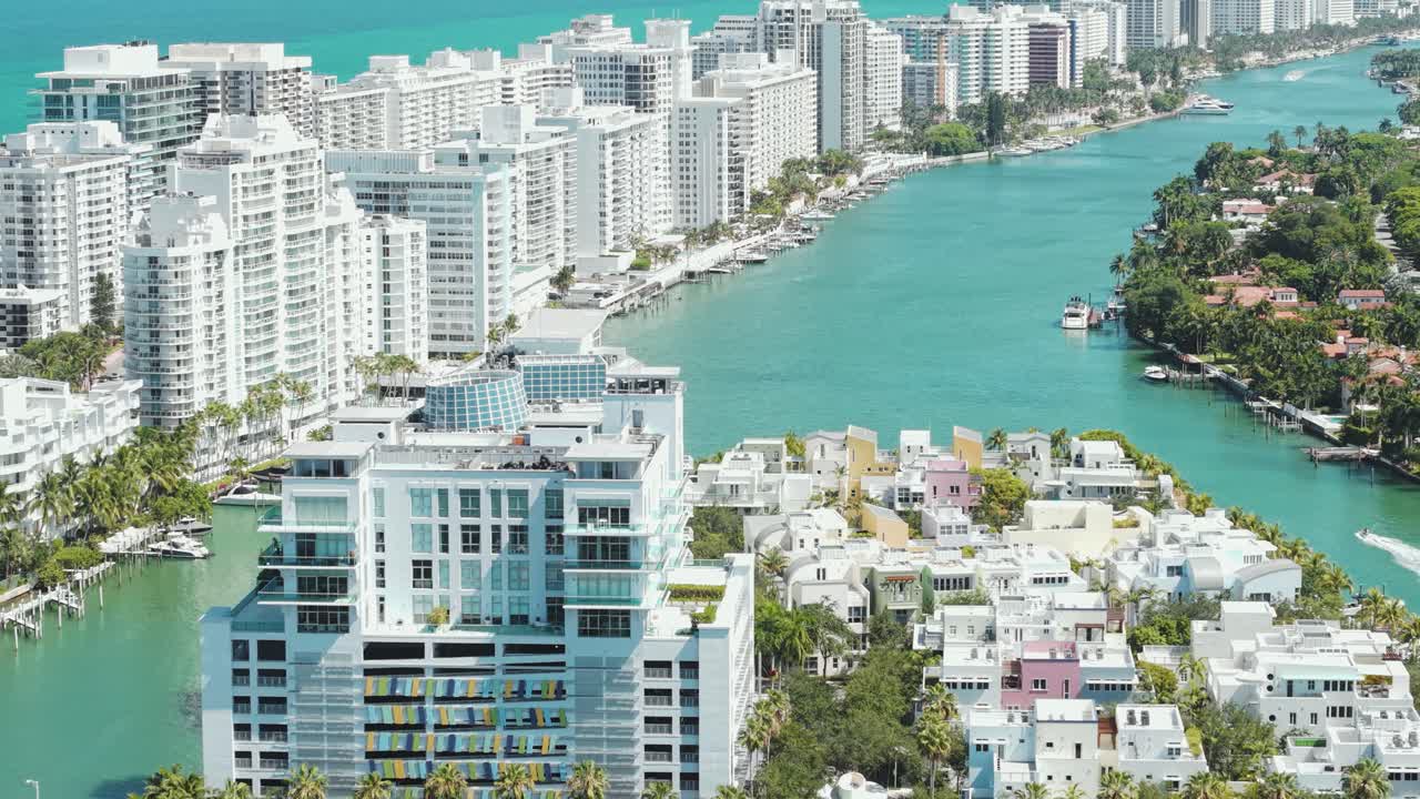 La Gorce and Allison Islands in Miami Beach, Florida USA, Drone Shot of Traffic and Waterfront Buildings