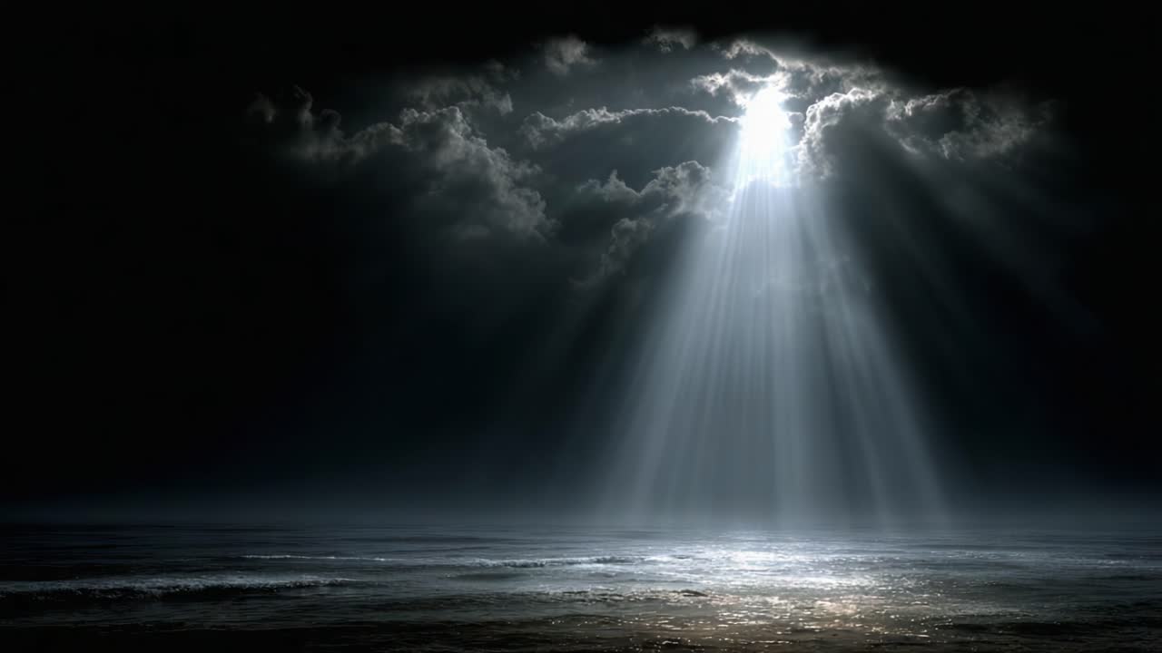 Majestic Light Breaking Through Ominous Clouds Over the Ocean, Casting Glorious Rays onto the Serene Water Surface in a Captivating Atmosphere of Mystery and Calm