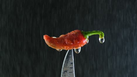 chili stabbed by knife has water dripping blowing and misting around