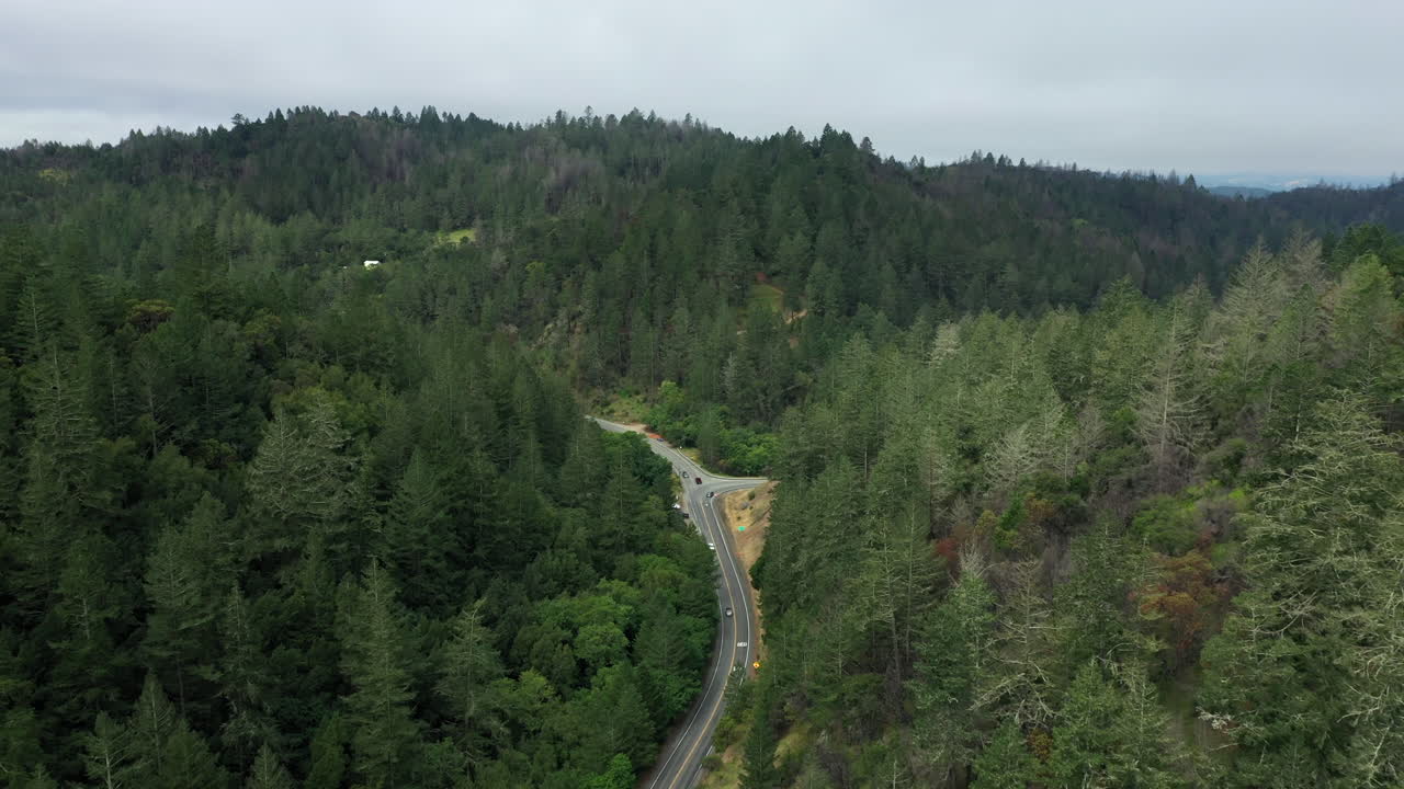 sobrevuelo de drones aéreos de la intersección de dos carreteras rurales rodeadas de densos bosques en el norte de california