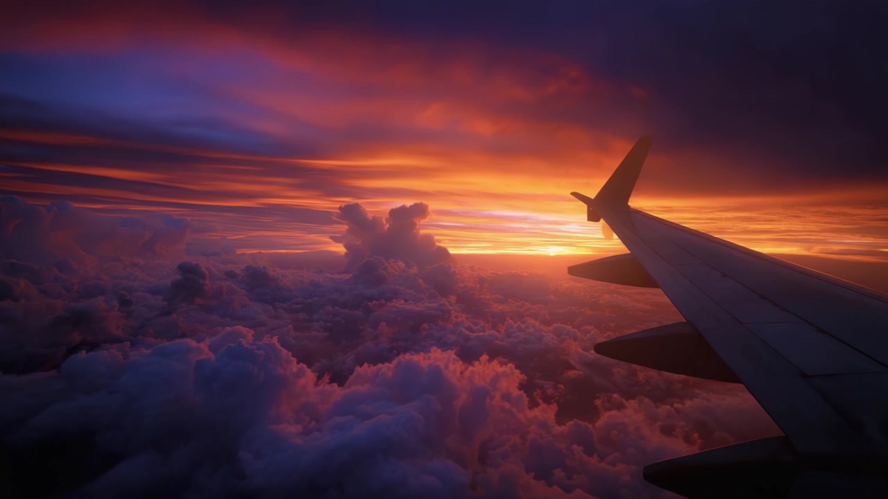 Breathtaking Sunset View from Airplane Window with Vibrant Clouds and Colorful Sky Highlights Dreamy Travel Experience and Nature's Majesty