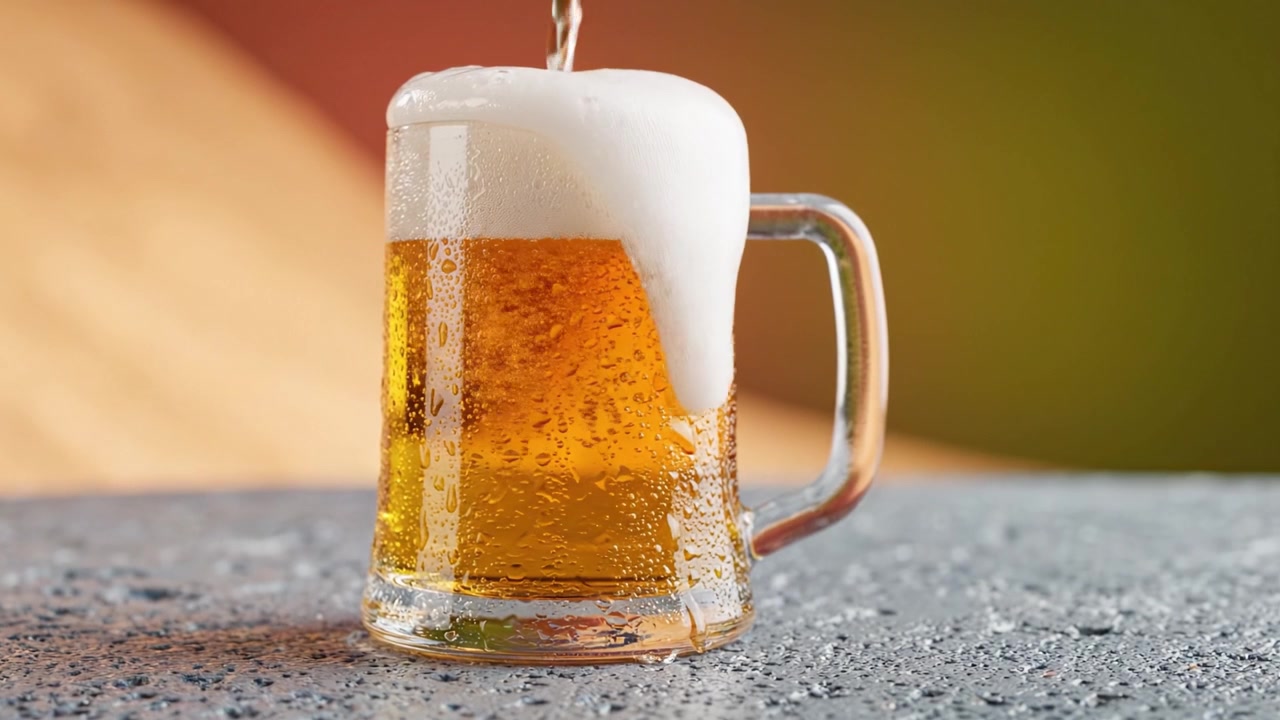 Un rinfrescante bicchiere di birra con schiuma densa su una superficie di marmo, catturando l'essenza del relax e del piacere in ogni sorso e dettaglio frizzante.