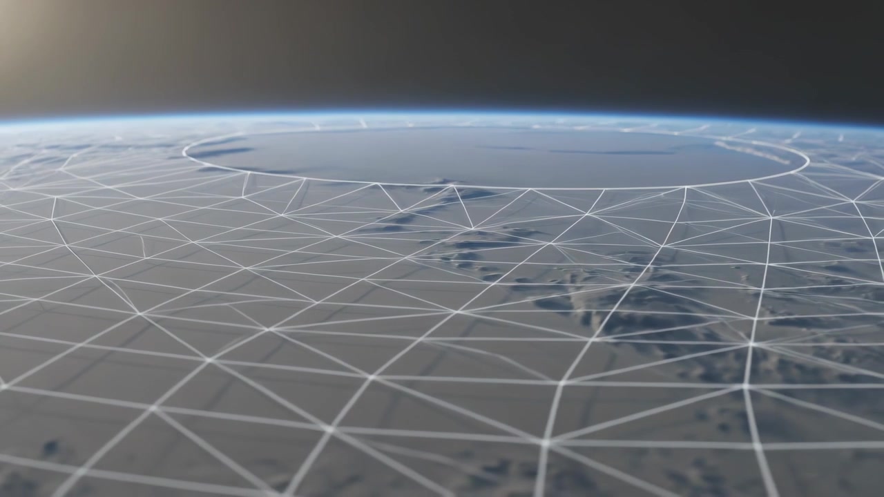 Moving camera showing curved planet in orbit with mesh and ridge, closing ring to center