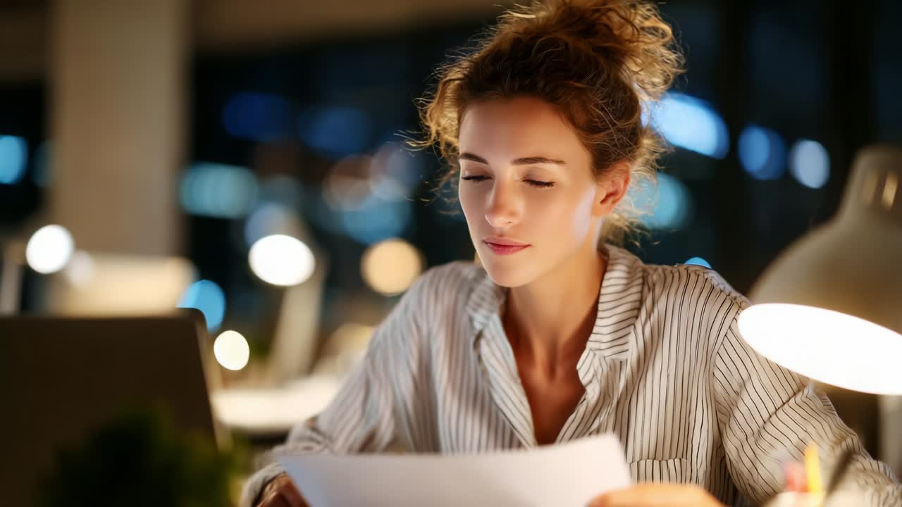 Focused Woman Analyzing Documents Late at Night in Modern Workspace, Surrounded by Warm Lighting and Urban Views, Reflects on Work Responsibilities and Personal Growth