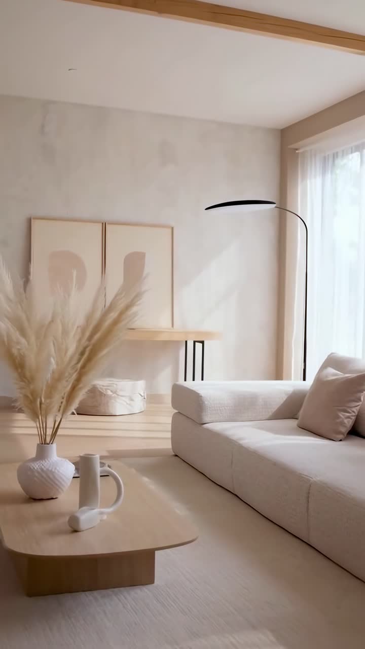Video minimalistického obývacího pokoje s neutrálními tóny, zachycené ze širokoúhlé perspektivy.