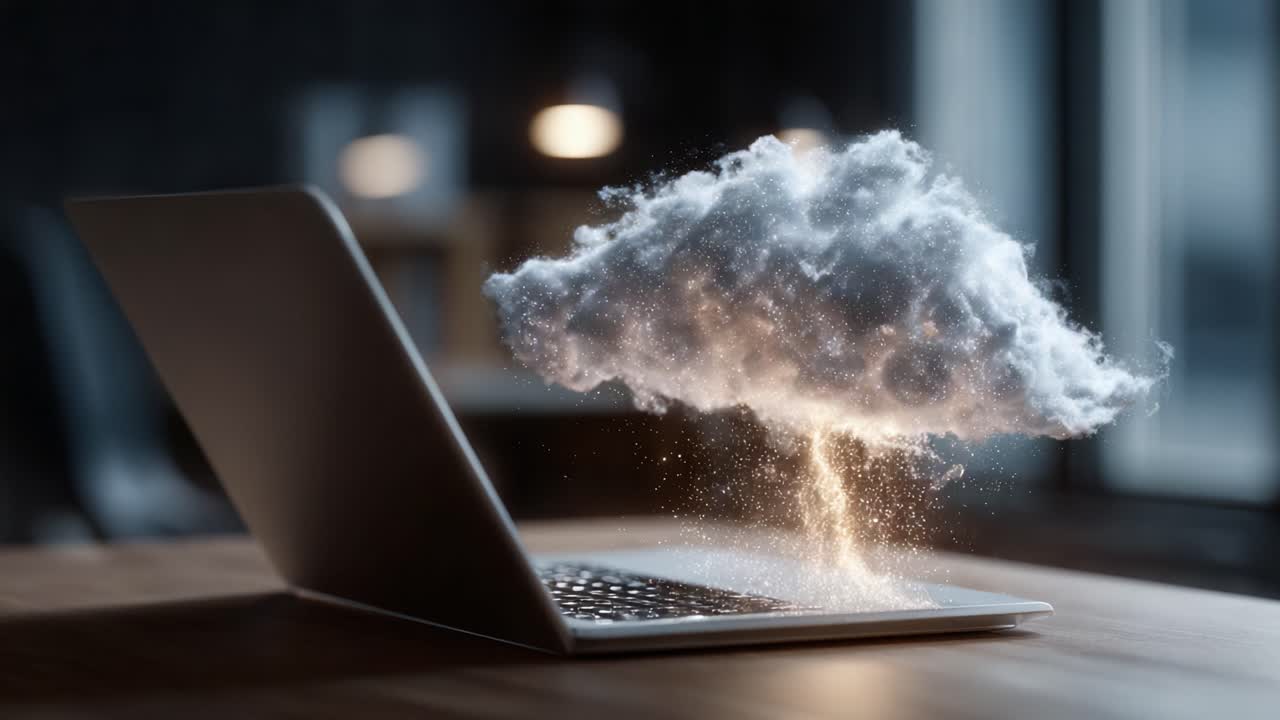 A Dynamic Digital Transformation: Cloud Technology Unleashed from a Laptop with Lightning and Particle Effects Representing Innovation and Connectivity