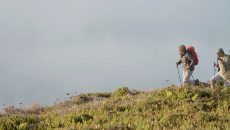 Long-shot-of-a-senior-hikers-walking-with-trekking-poles,-then-stopping-and-talking-together