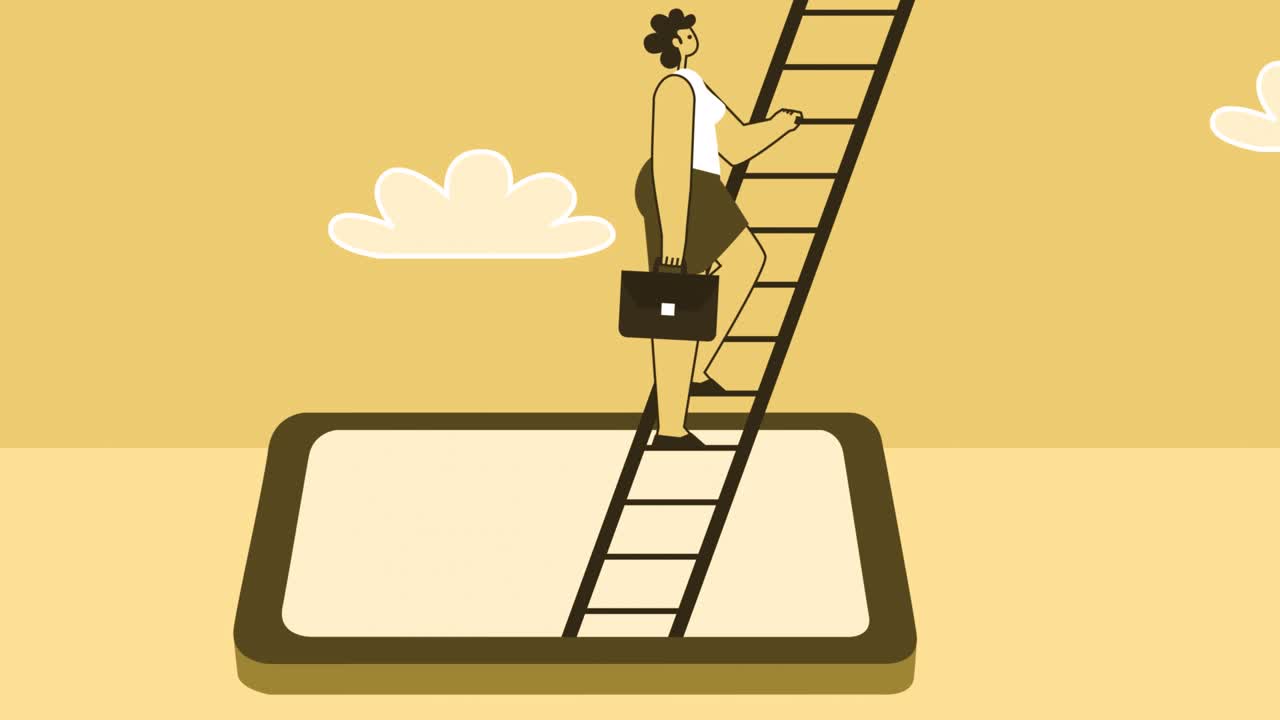 브리프케이스를 들고 있는 노란색 스타일의 여성은 스마트폰에서 사다리를 오르고, 알파 채널을 가진 고립된 루프 애니메이션을 사용한다.