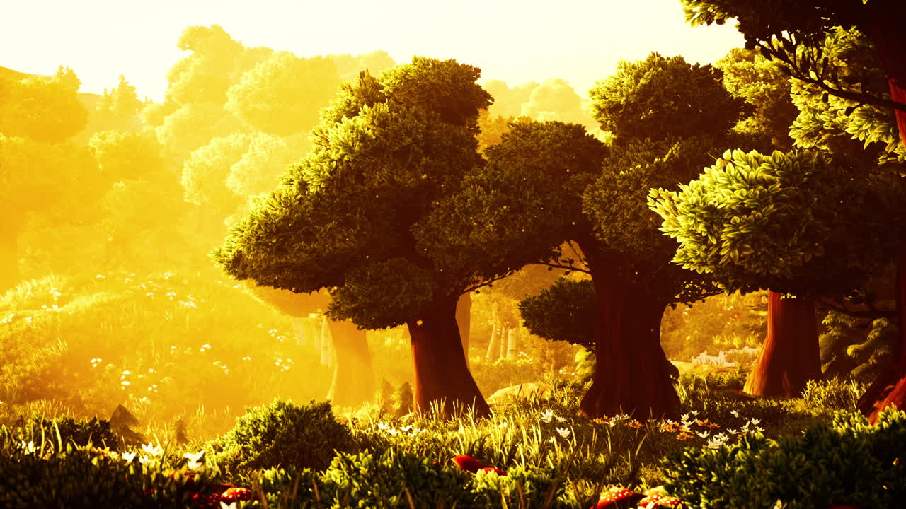 황금색  ⁇ 빛으로 백라이트 된 만화 숲 나무