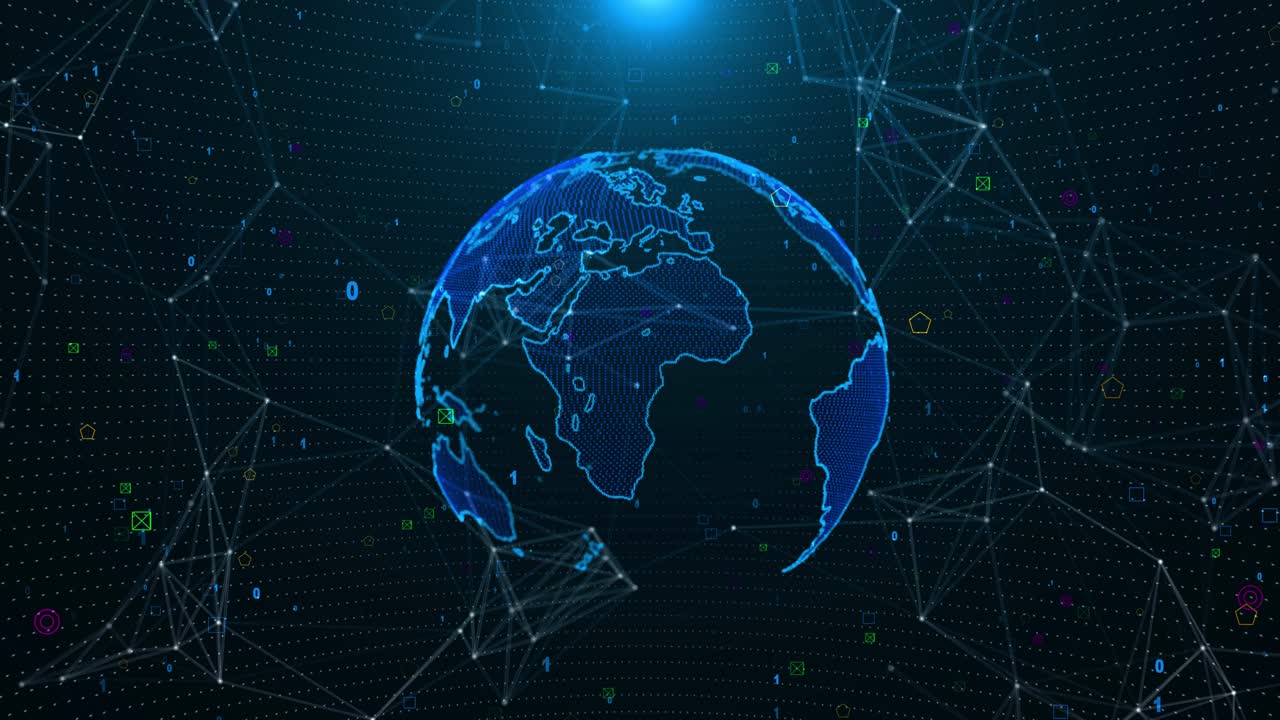 Earth wireframe rotating with the digital number and line connection binary code futuristic