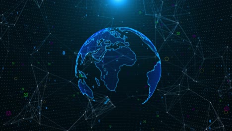 earth wireframe rotating with the digital number and line connection binary code futuristic