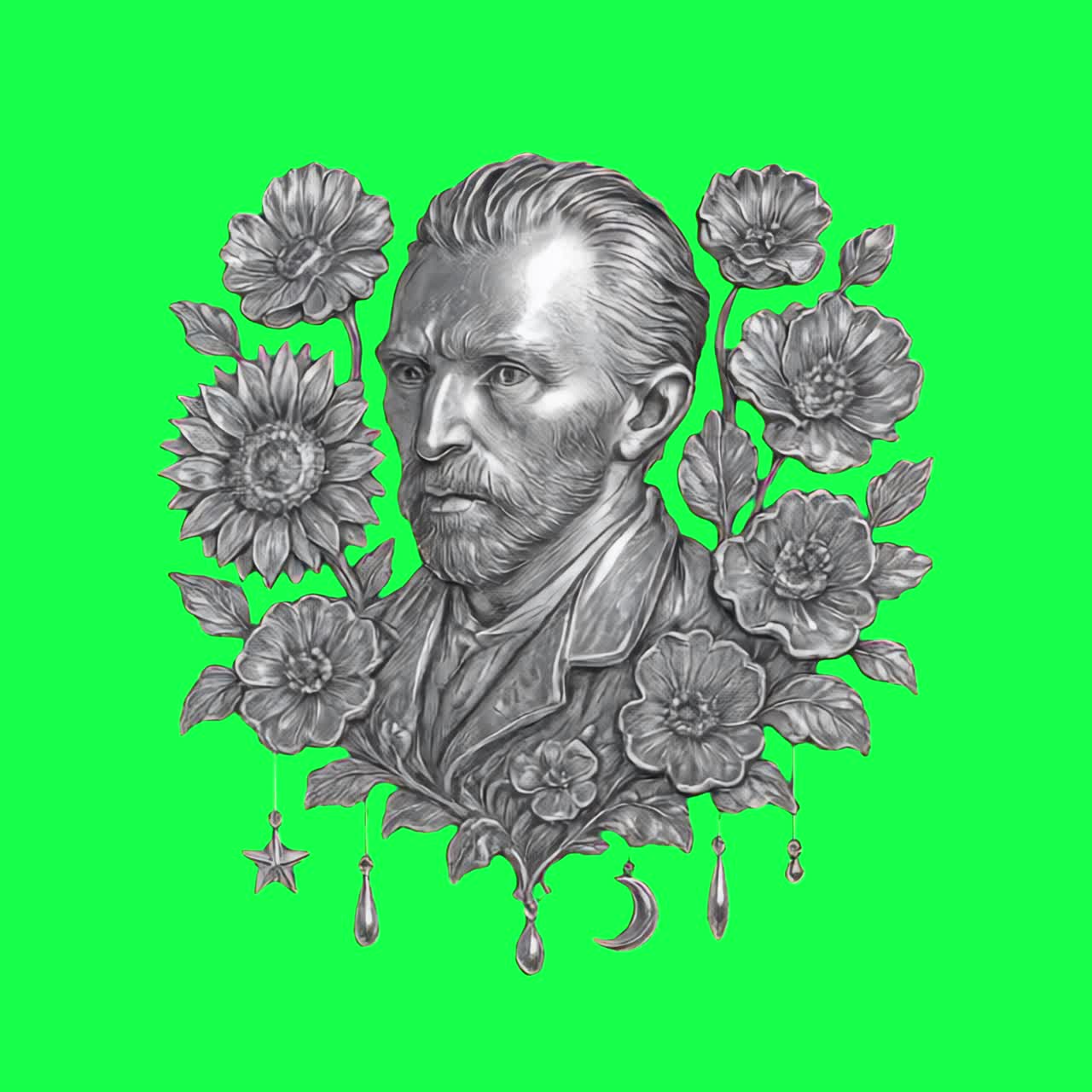 Vincent van Gogh metal element animation, transparent 4K video, green screen