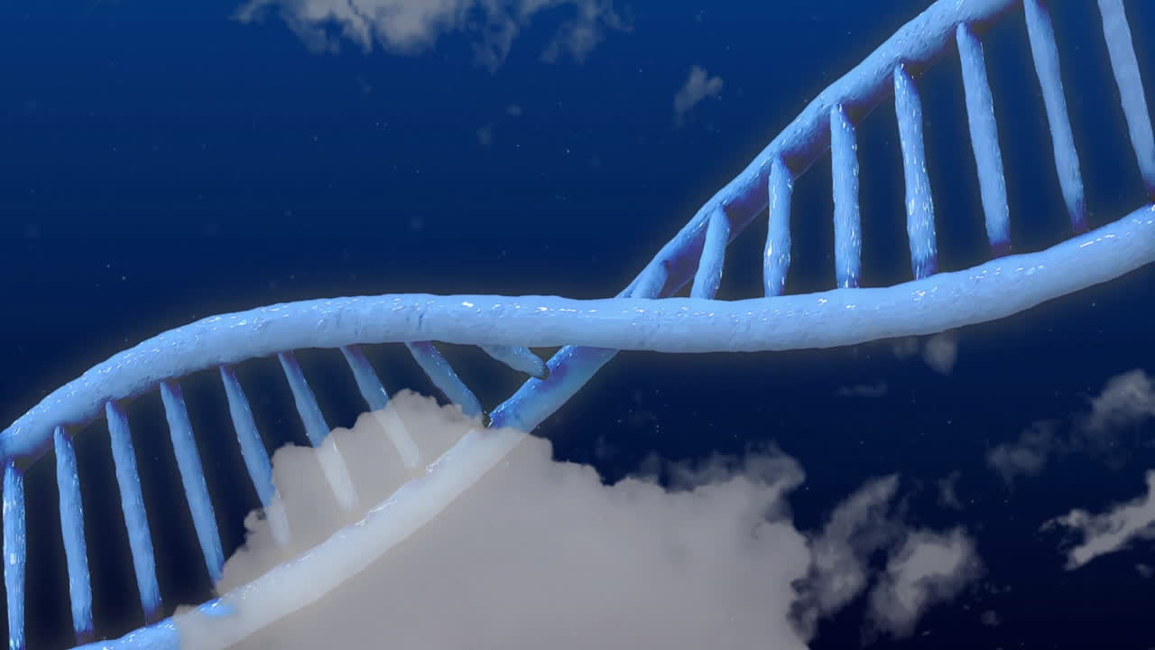 Stylized DNA double helix twisting diagonally across dark cosmic backdrop with glossy 3D render