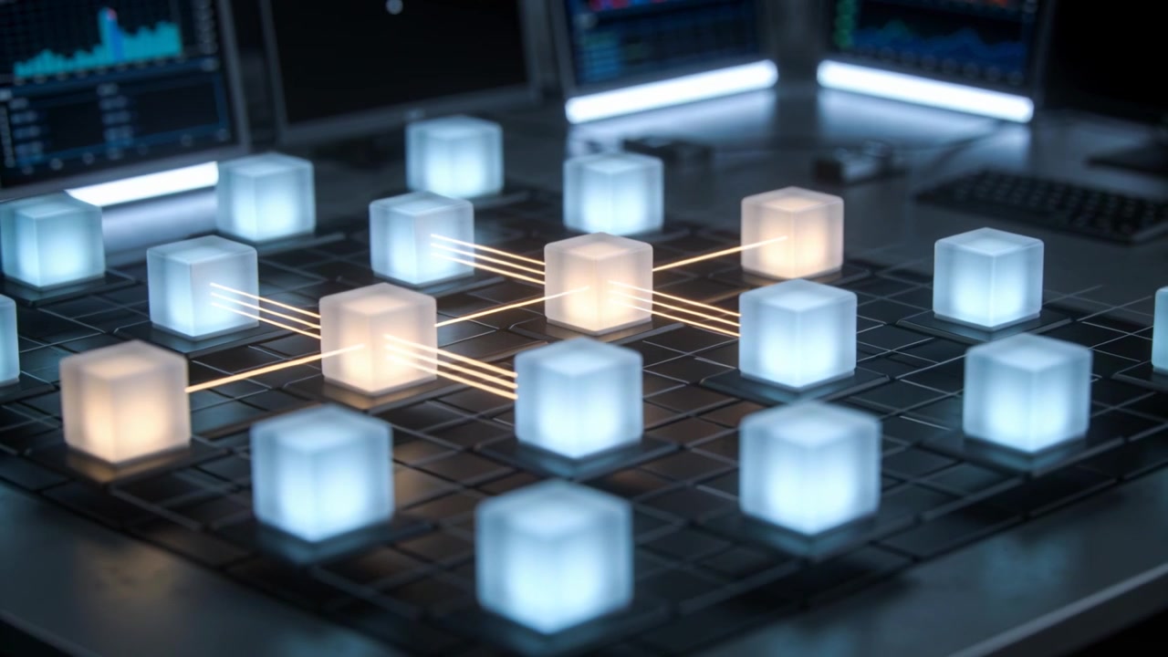 Pulsing 5x5 lit cube nodes rising after amber waveform shifting on control table, forming data path
