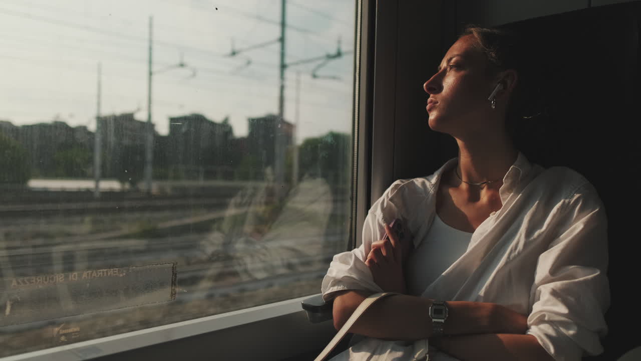 Donna che sogna ad occhi aperti su un treno