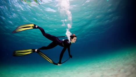 woman freediving with a school of fish