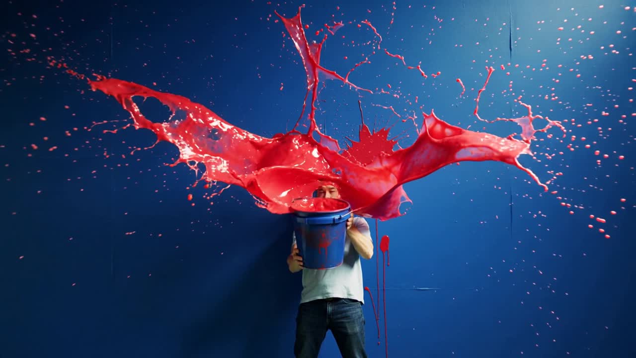 Hombre con camiseta gris sosteniendo un cubo azul delante de una pared azul, mientras la pintura roja brota del cubo a su alrededor.
