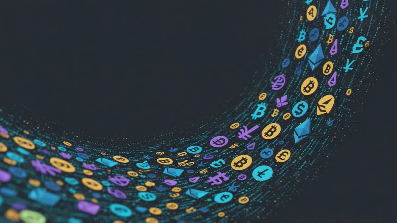 Flusso dinamico di simboli di criptovalute che rappresenta l'evoluzione della valuta digitale in un vivido e colorato flusso di icone e loghi