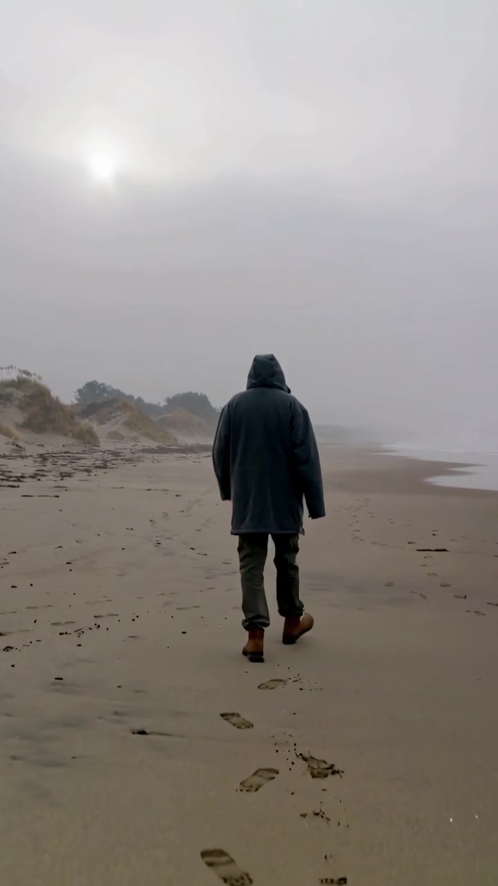 Video verticale: Uomo incappucciato che avanza, camminando verso un orizzonte nebbioso sulla riva, lasciando impronte.