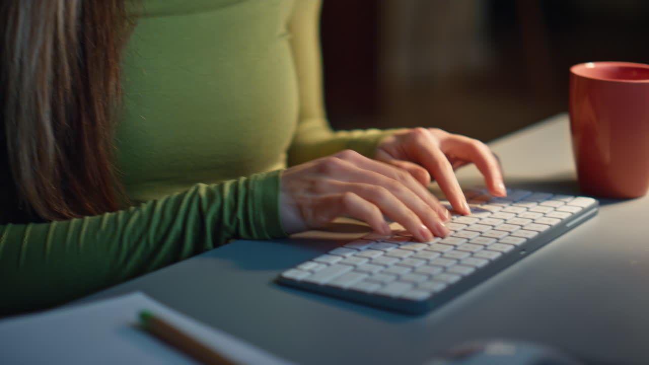 Woman writer typing keyboard at dark apartment close up. Woman working late