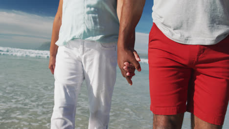 midsection of senior african american couple walking and holding hands at the beach